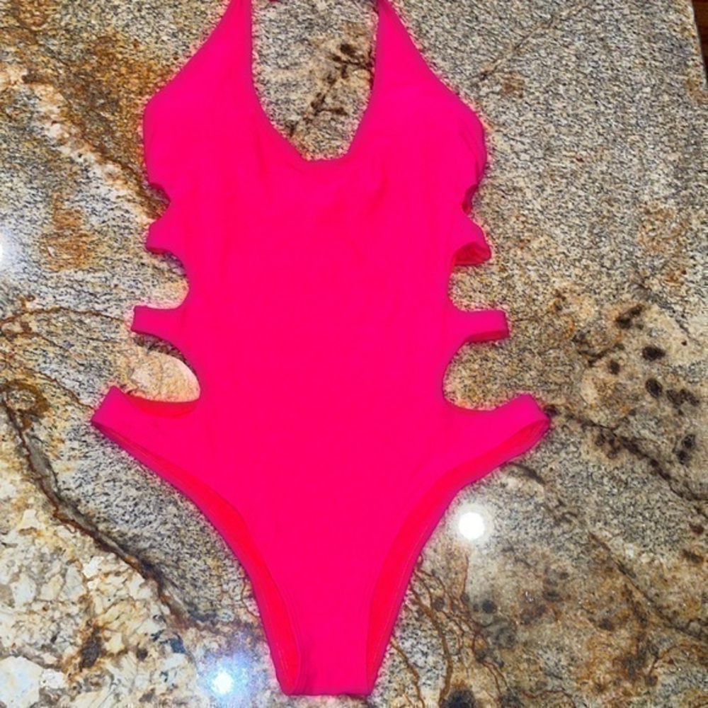 Aerie Bright Pink AE One Piece Side cutout Swimsuit high leg cheeky